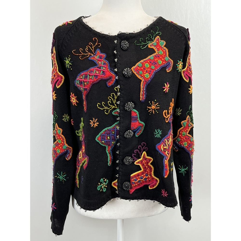 Vtg Michael Simon Christmas Reindeer Knit Cardigan Sweater Sz 1 Womens Beaded